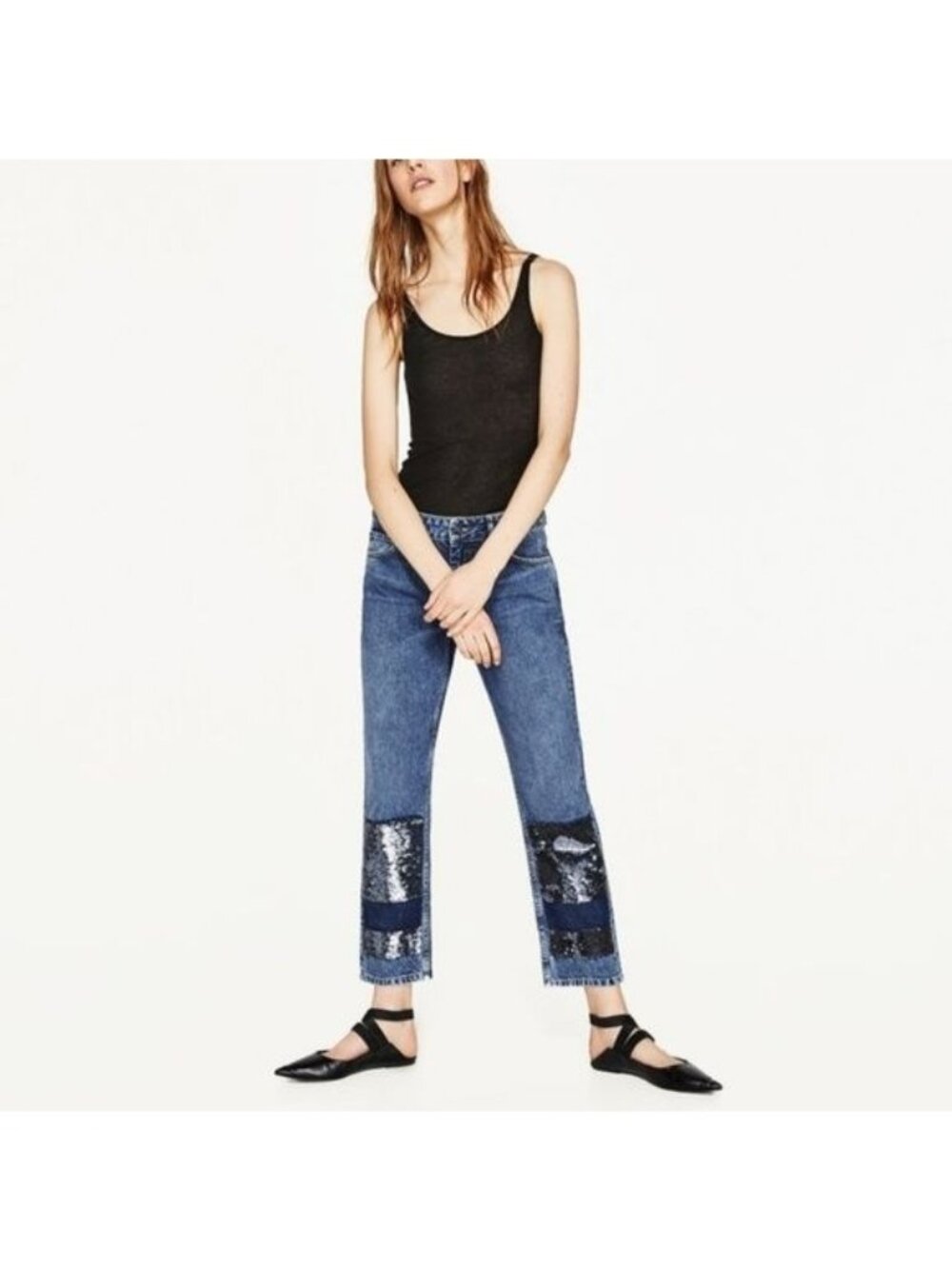 Zara Mid Rise Sequin Patch BF Jeans Cropped Patche